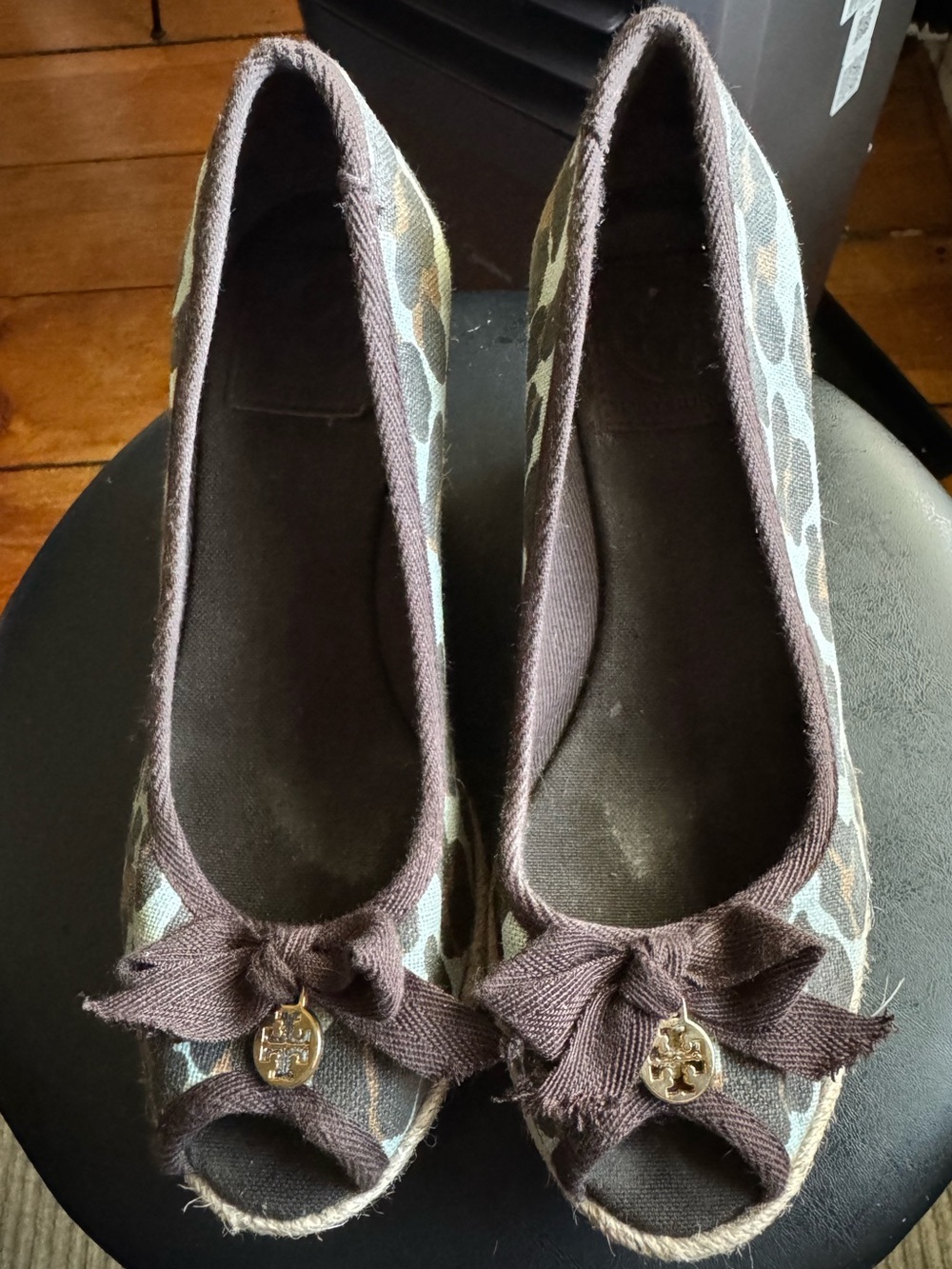 Tory Burch Brown and blue cheetah Peep-Toe Wedge Flats with Bow